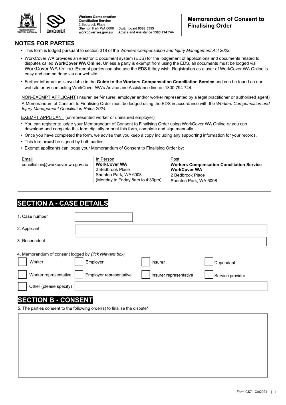 Preview of the first page of Memorandum of Consent to Finalising Order (Form CS7)