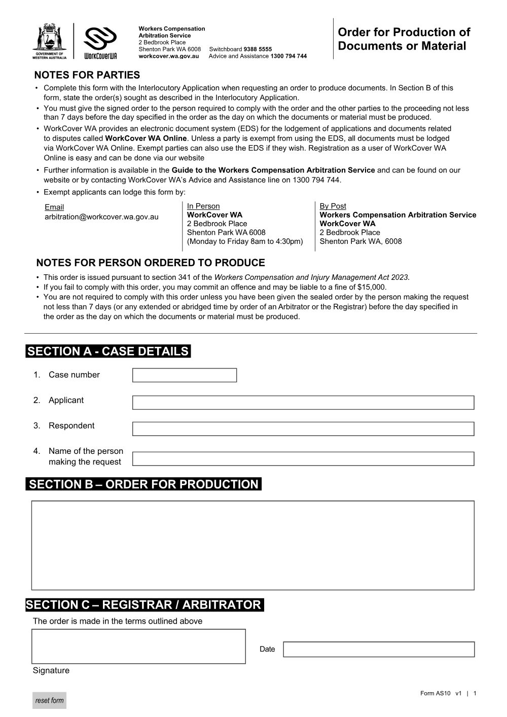 Preview of the first page of Order for Production of Documents or Material (Form AS10)