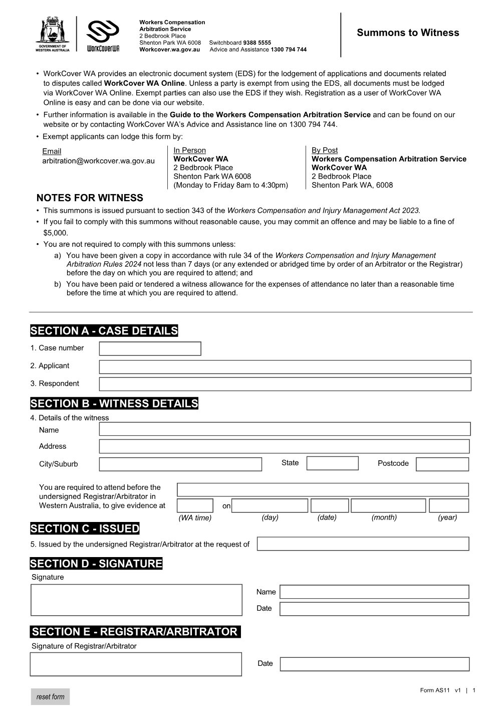 Preview of the first page of Summons to Witness (Form AS11)