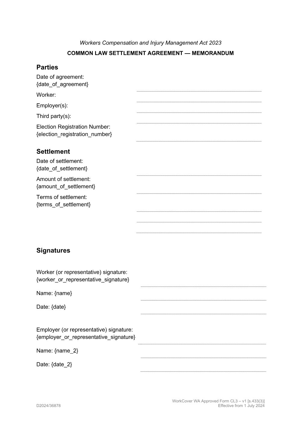 Preview of the first page of Common Law Settlement Agreement - Memorandum
