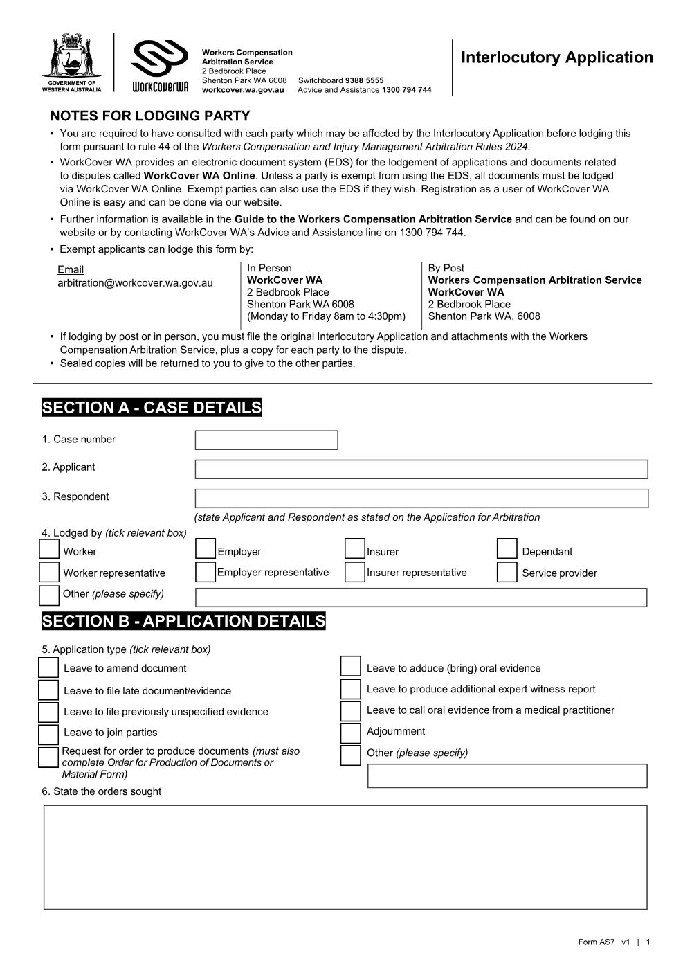 Preview of the first page of Interlocutory Application (Form AS7)