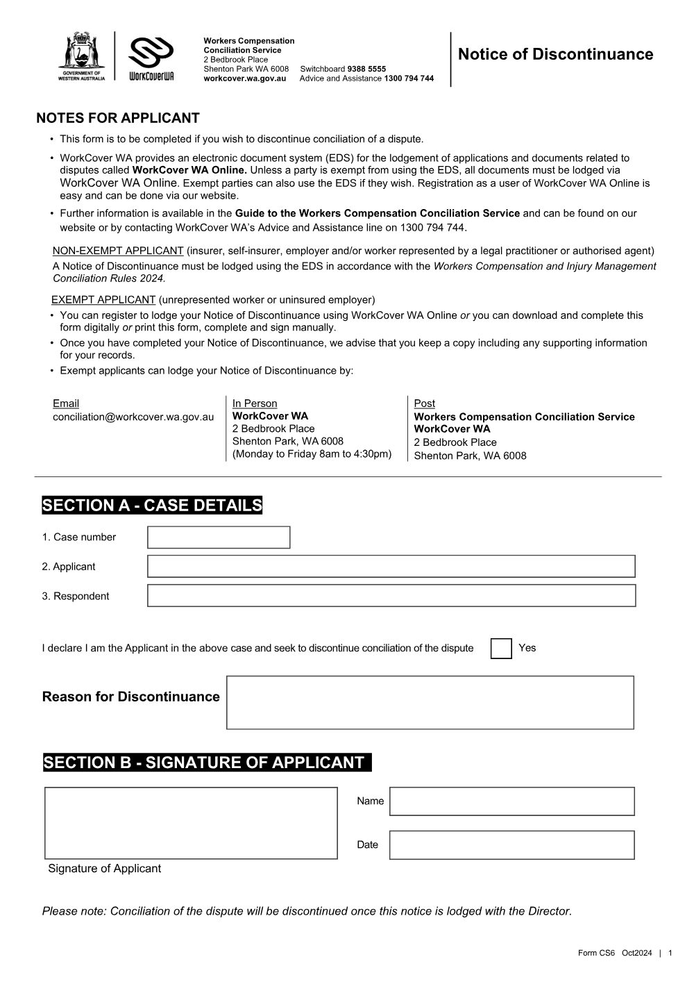 Preview of the first page of Notice of Discontinuance (Form CS6)