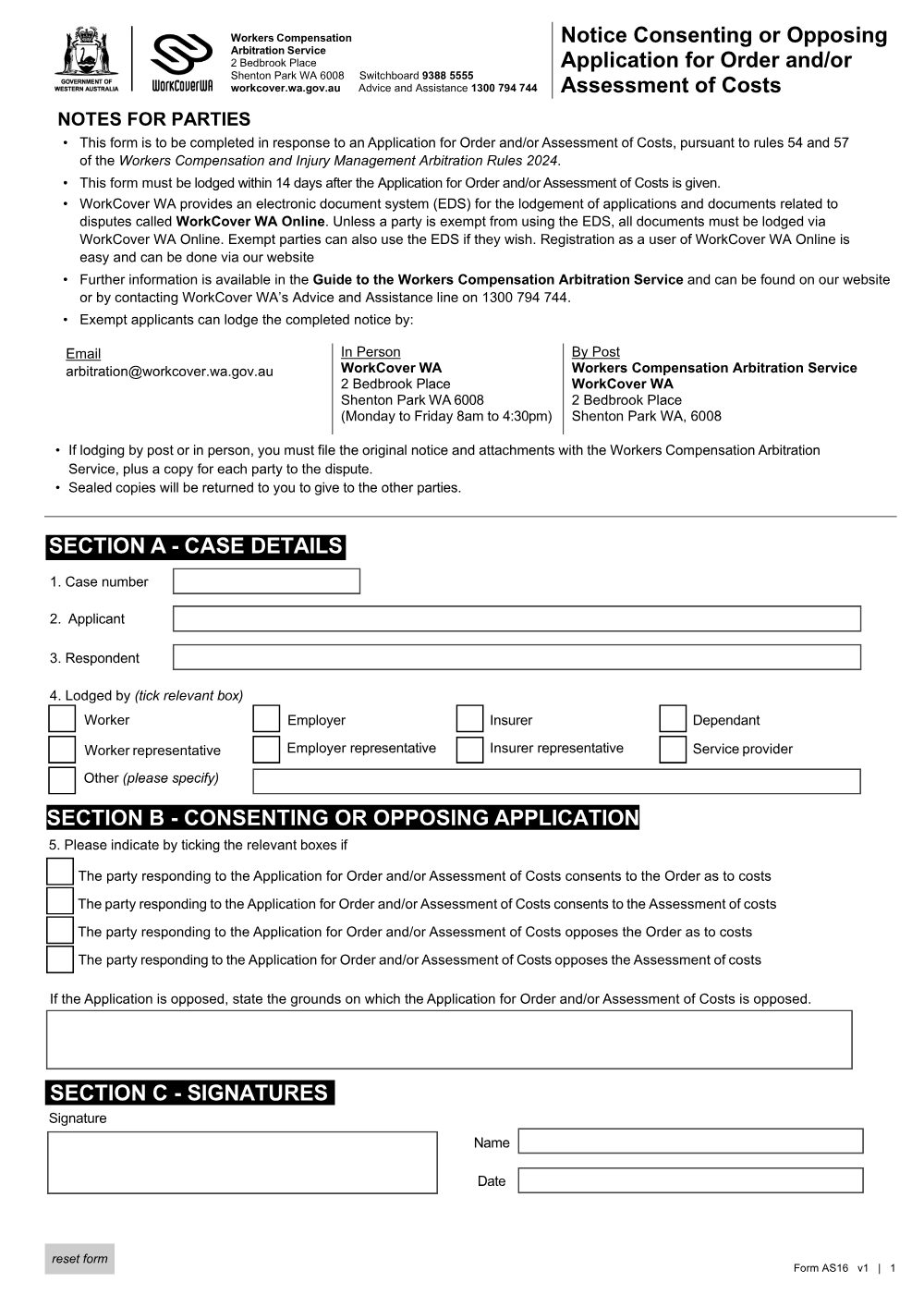 Preview of the first page of Notice Consenting or Opposing Application for Order and/or Assessment of Costs (Form AS16)