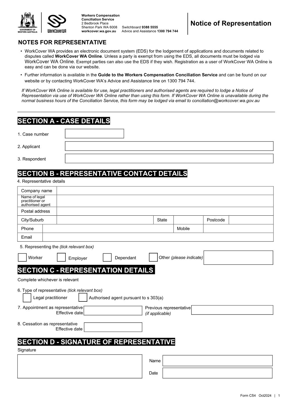 Preview of the first page of Notice of Representation (Form CS4)