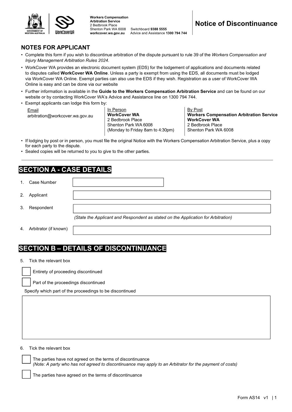 Preview of the first page of Notice of Discontinuance (Form AS14)