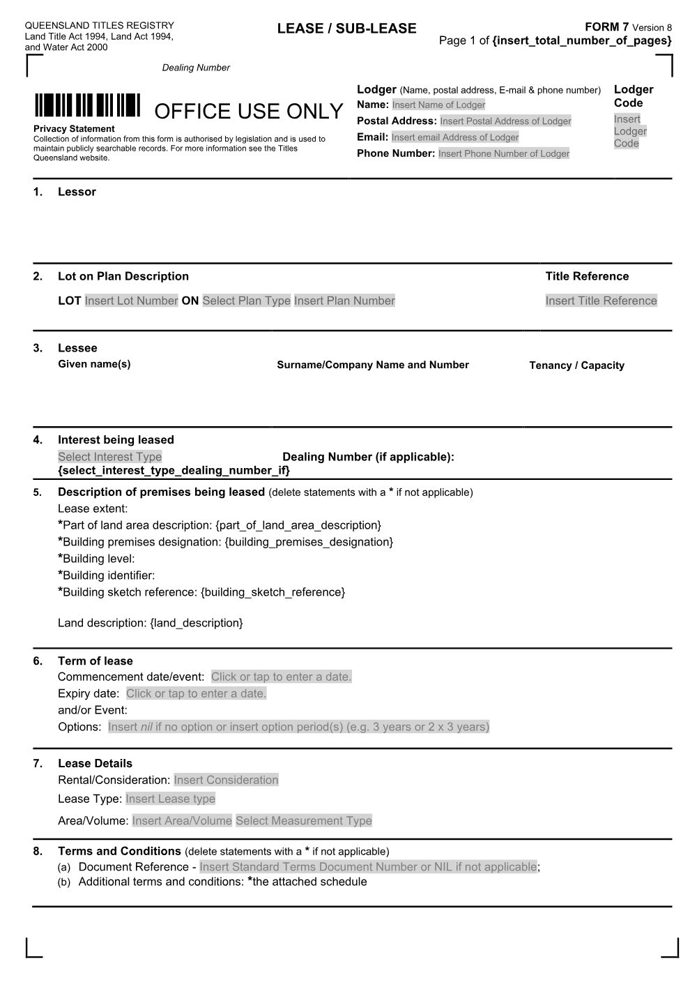 Preview of the first page of Lease/sub-lease (Form 7)