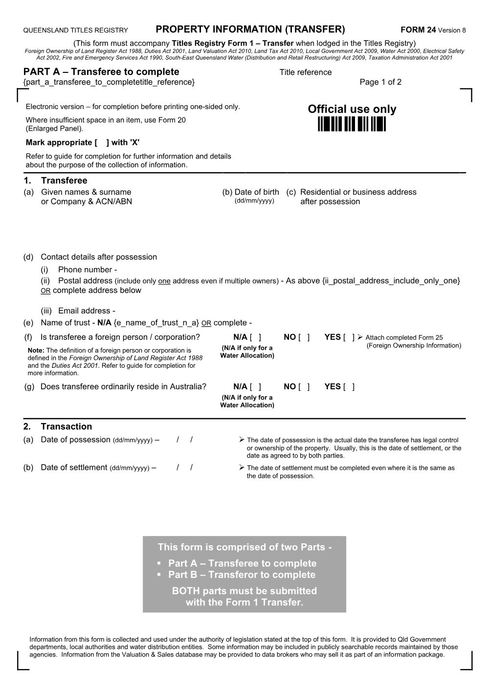 Preview of the first page of Property information (transfer) - electronic version (Form 24)