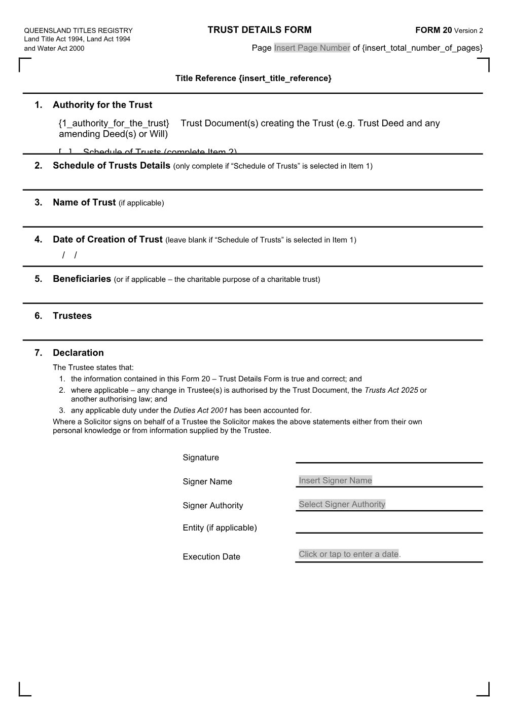 Preview of the first page of Trust Details Form (Form 20)