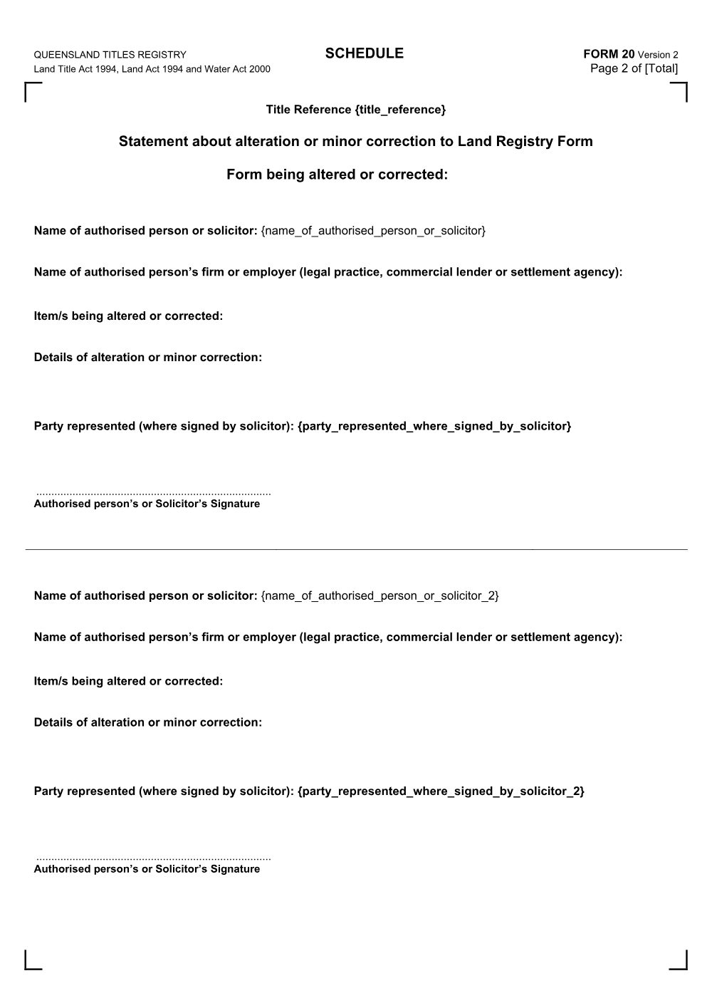 Preview of the first page of Schedule (annexure, alteration/minor correction) (Form 20)