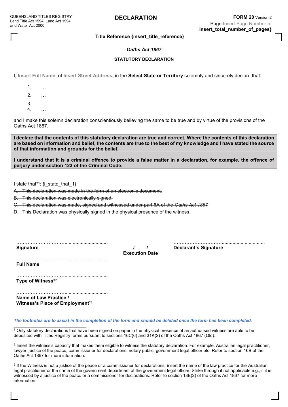 Preview of the first page of Declaration (annexure) - electronic version (Form 20)