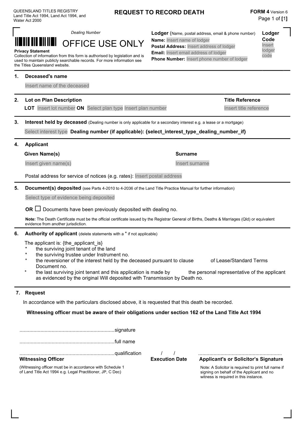 Preview of the first page of Request to record death (Form 4)