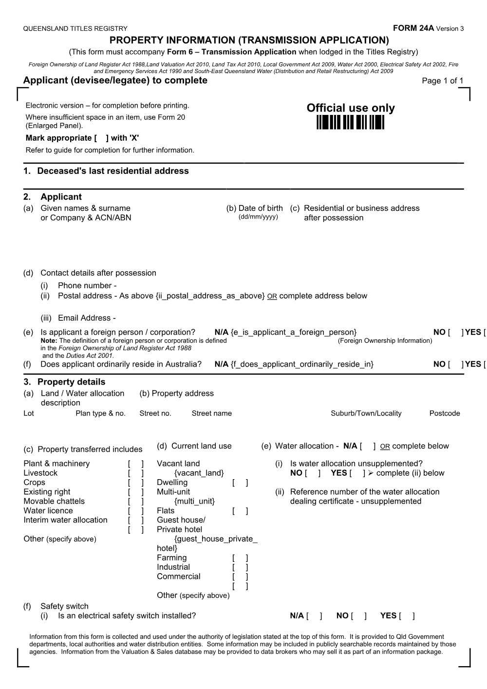 Preview of the first page of Property information (transmission application) - electronic version (Form 24A)
