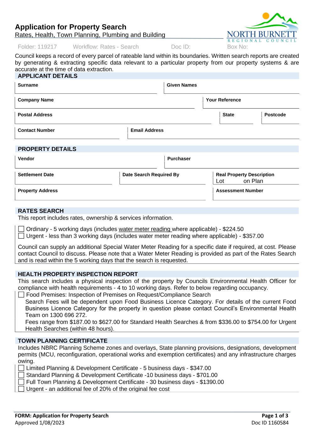 Preview of the first page of Application for Property Search Rates, Health, Town Planning, Plumbing and Building