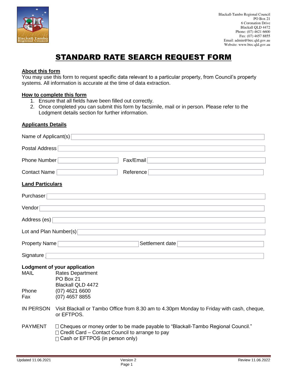 Preview of the first page of Standard Rate Search Request Form