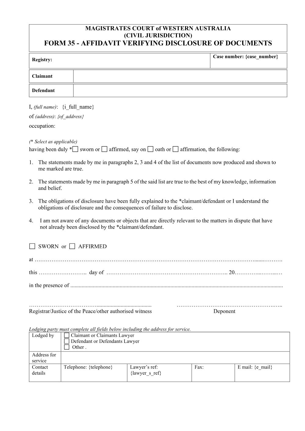 Preview of the first page of Affidavit Verifying Disclosure of Documents (Form 35)