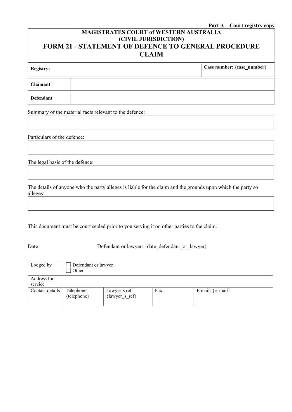 Preview of the first page of Statement of Defence to General Procedure Claim (Form 21)