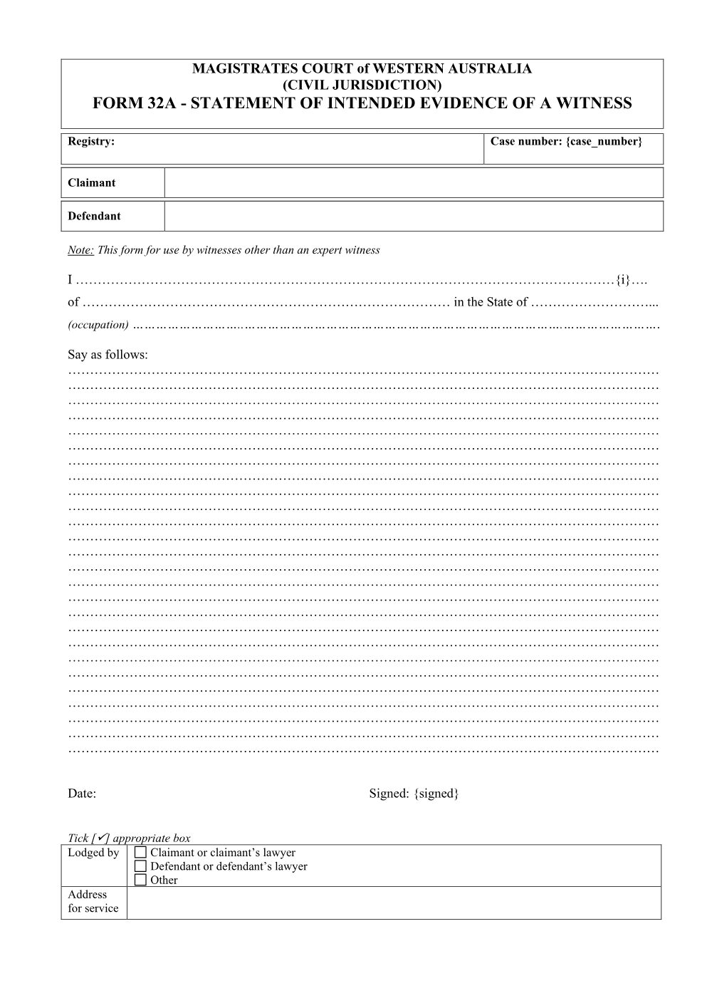 Preview of the first page of Statement of Intended Evidence of a Witness (Form 32A)
