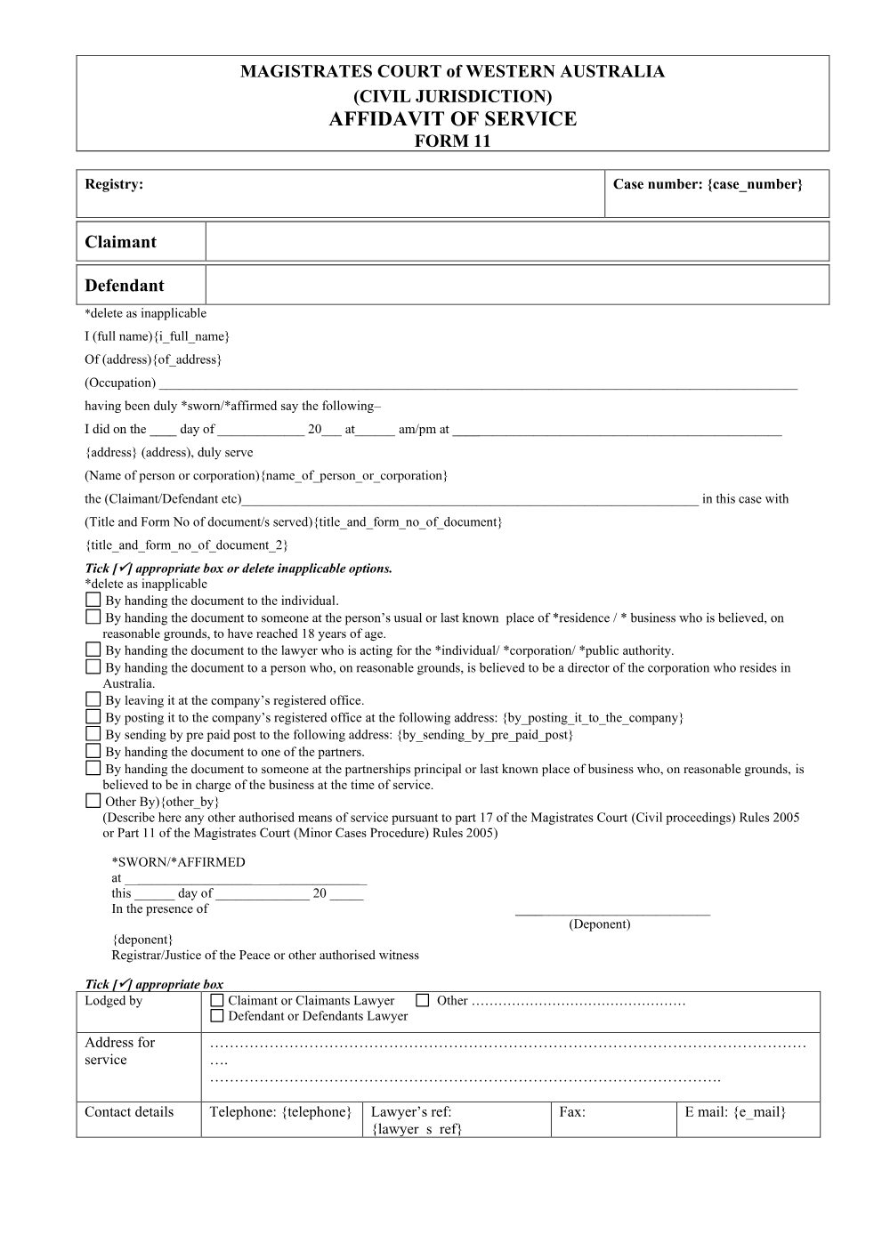 Preview of the first page of Affidavit of Service (Form 11)