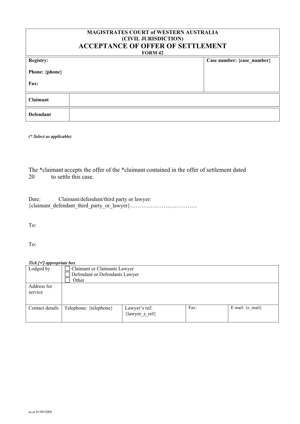 Preview of the first page of Acceptance of Offer of Settlement (Form 42)