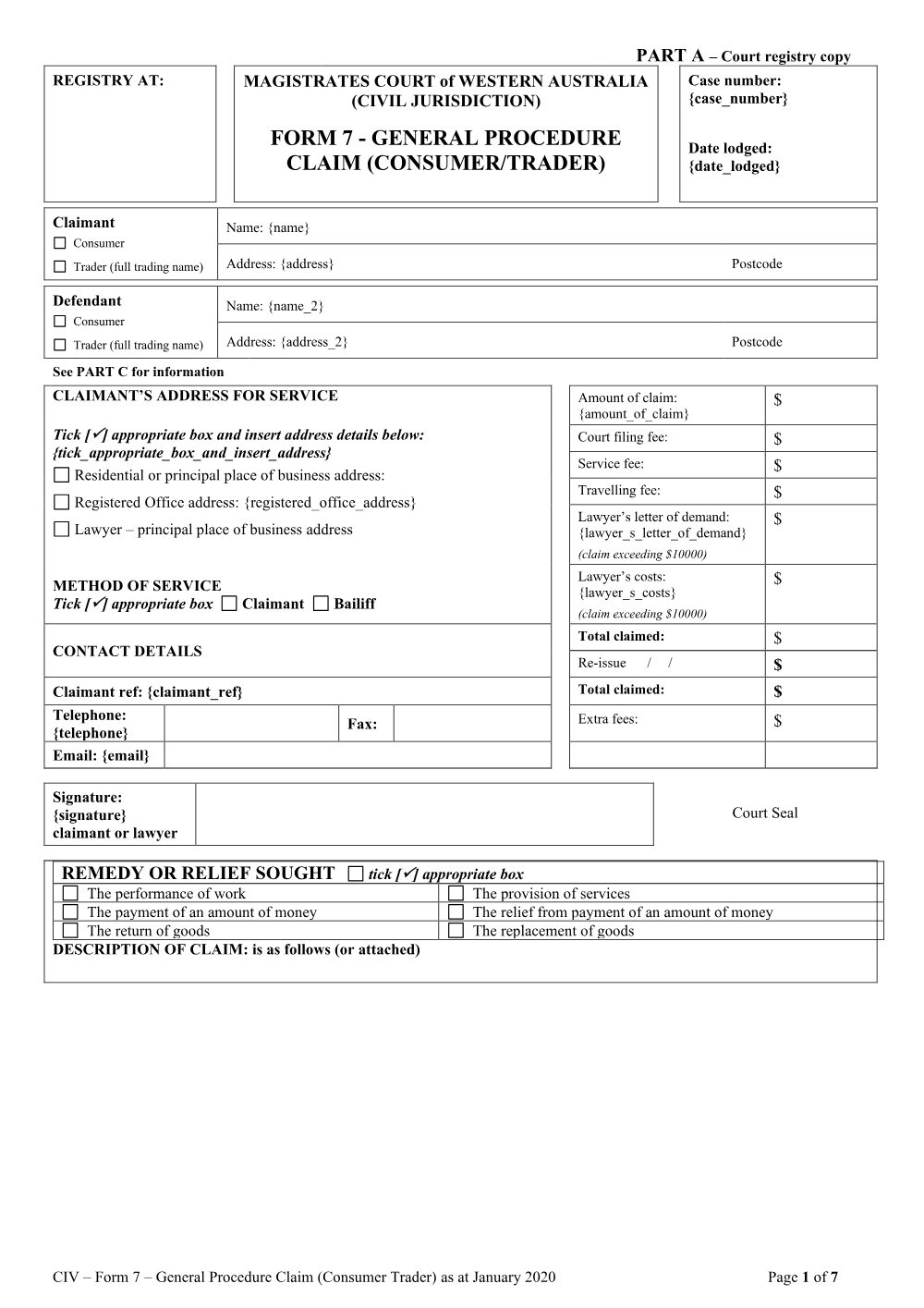 Preview of the first page of General Procedure Claim (Consumer/Trader) (Form 7)