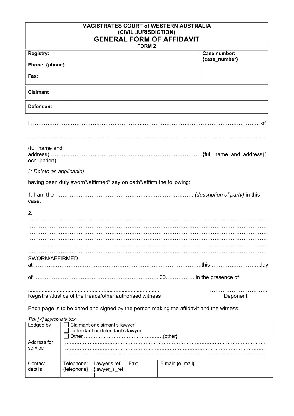 Preview of the first page of General Form of Affidavits (Form 2)