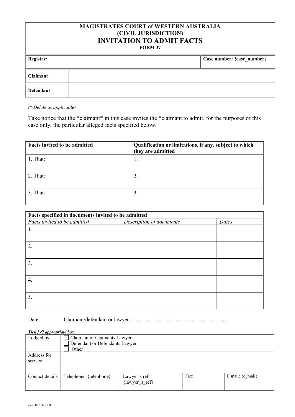 Preview of the first page of Invitation to admit facts (Form 37)