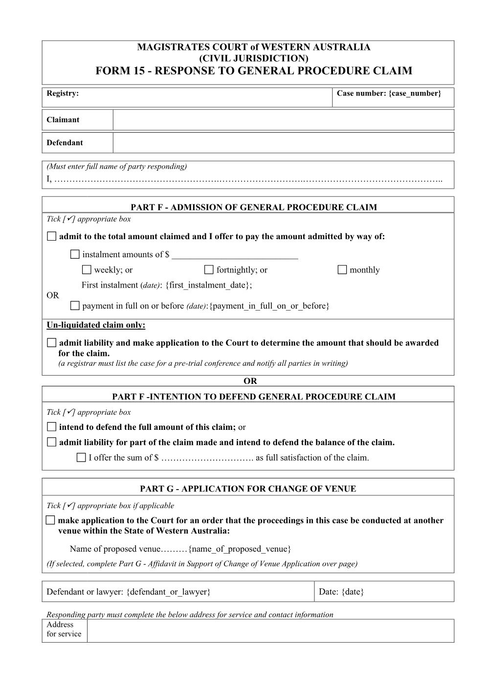 Preview of the first page of Response to General Procedure Claim (Form 15)