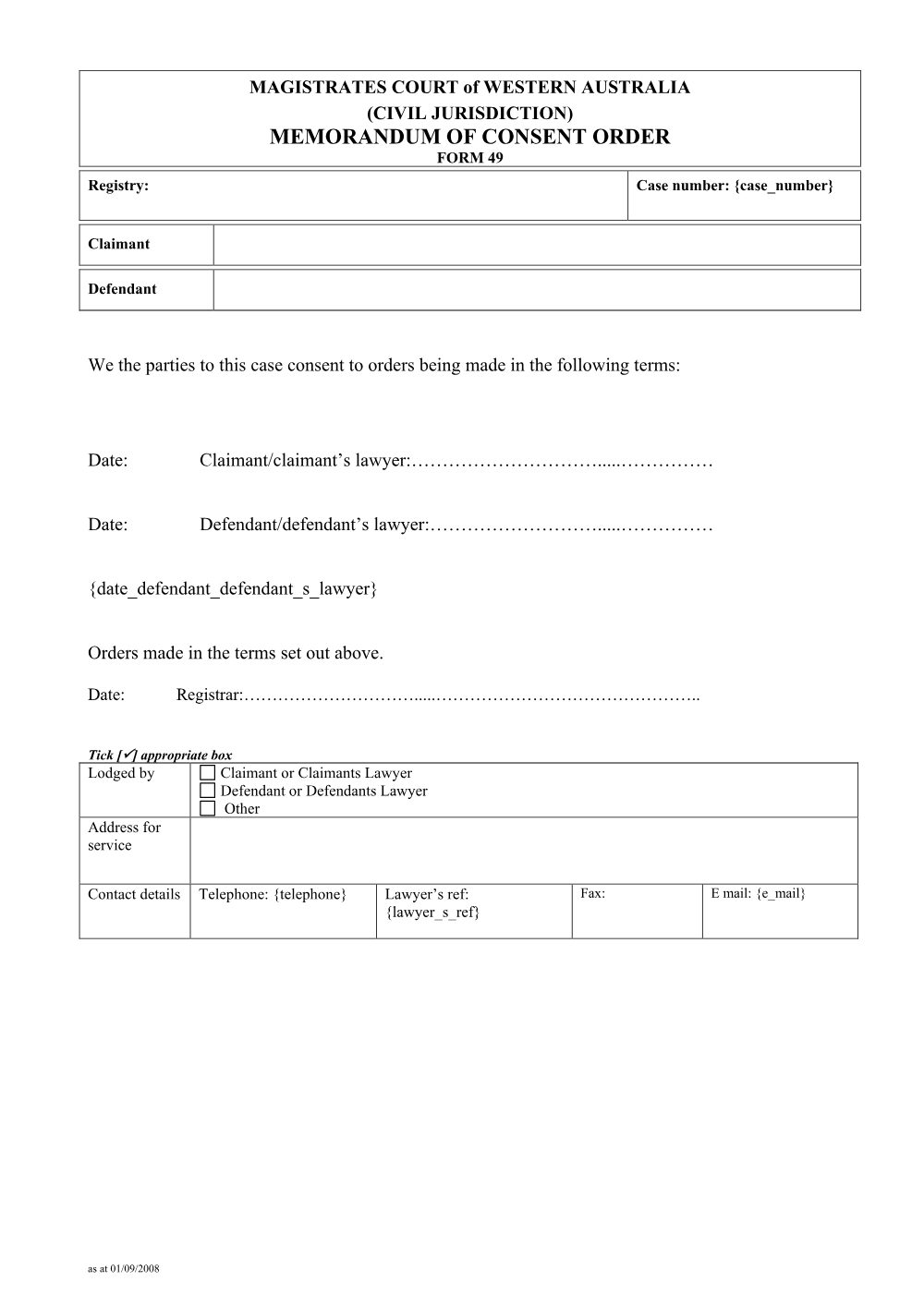 Preview of the first page of Memorandum of consent order (Form 49)