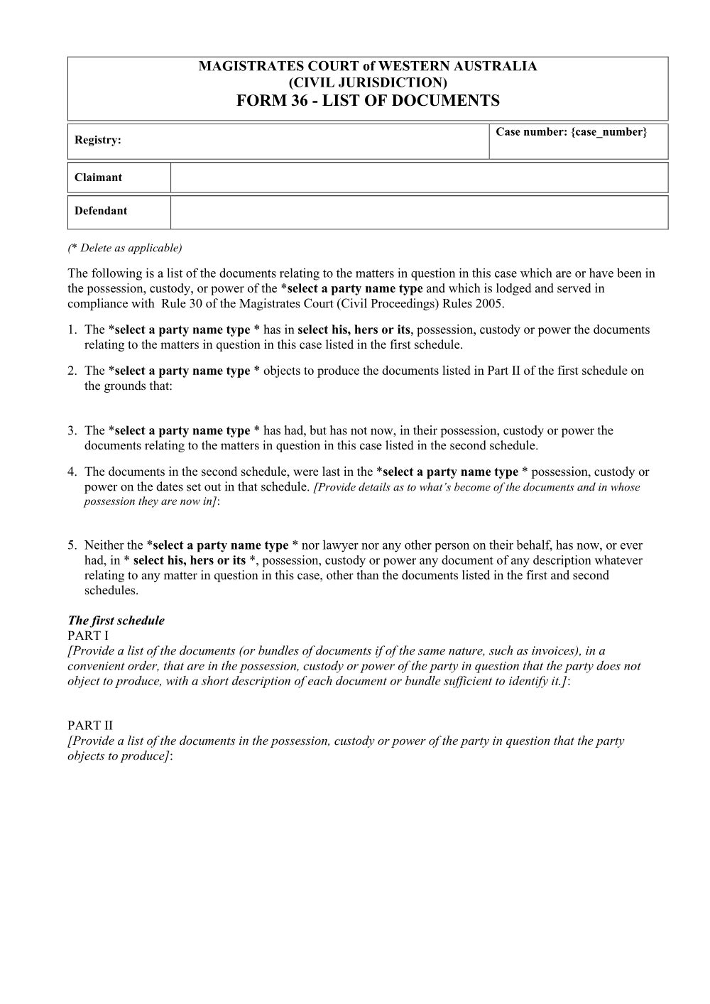 Preview of the first page of List of Documents (Form 36)