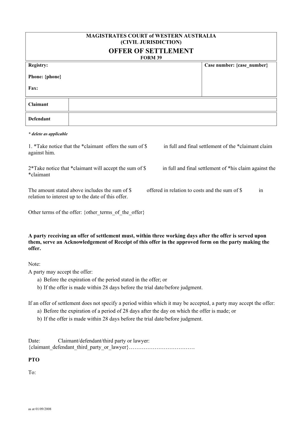 Preview of the first page of Offer of settlement (Form 39)
