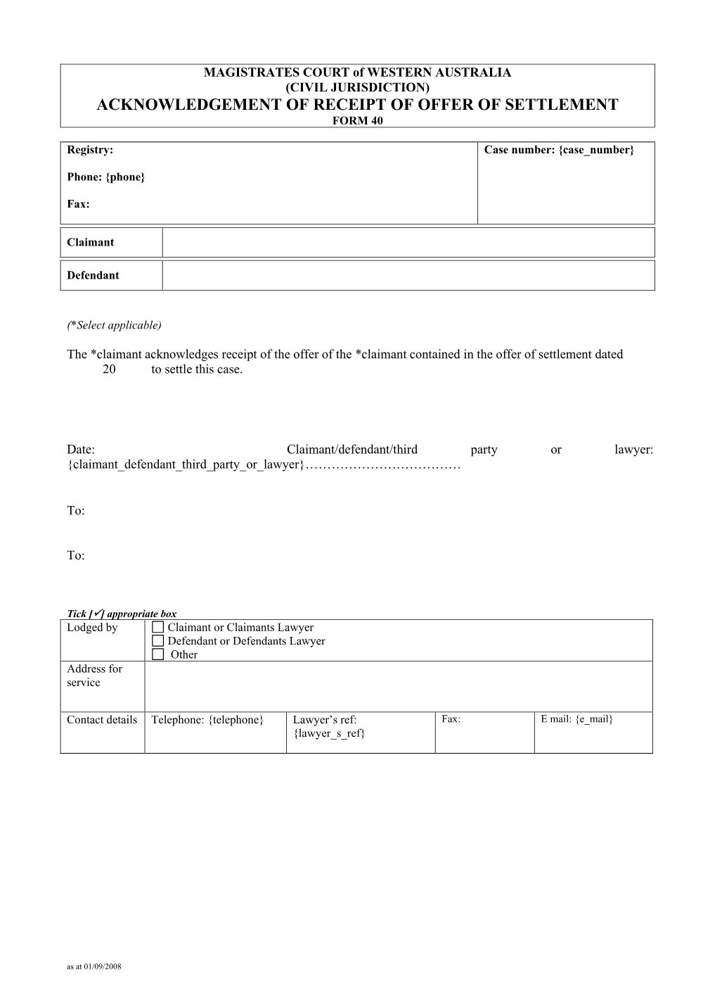 Preview of the first page of Acknowledgement of Receipt of Offer of Settlement (Form 40)