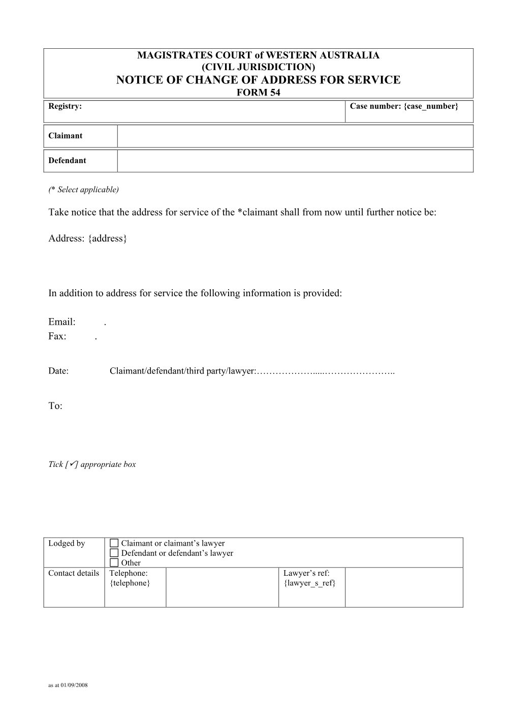 Preview of the first page of Notice of Change of Address for Service (Form 54)