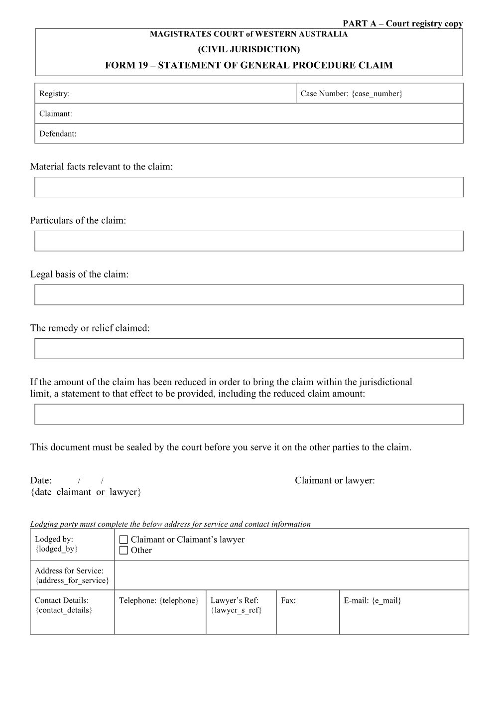 Preview of the first page of Statement of General Procedure Claim (Form 19)