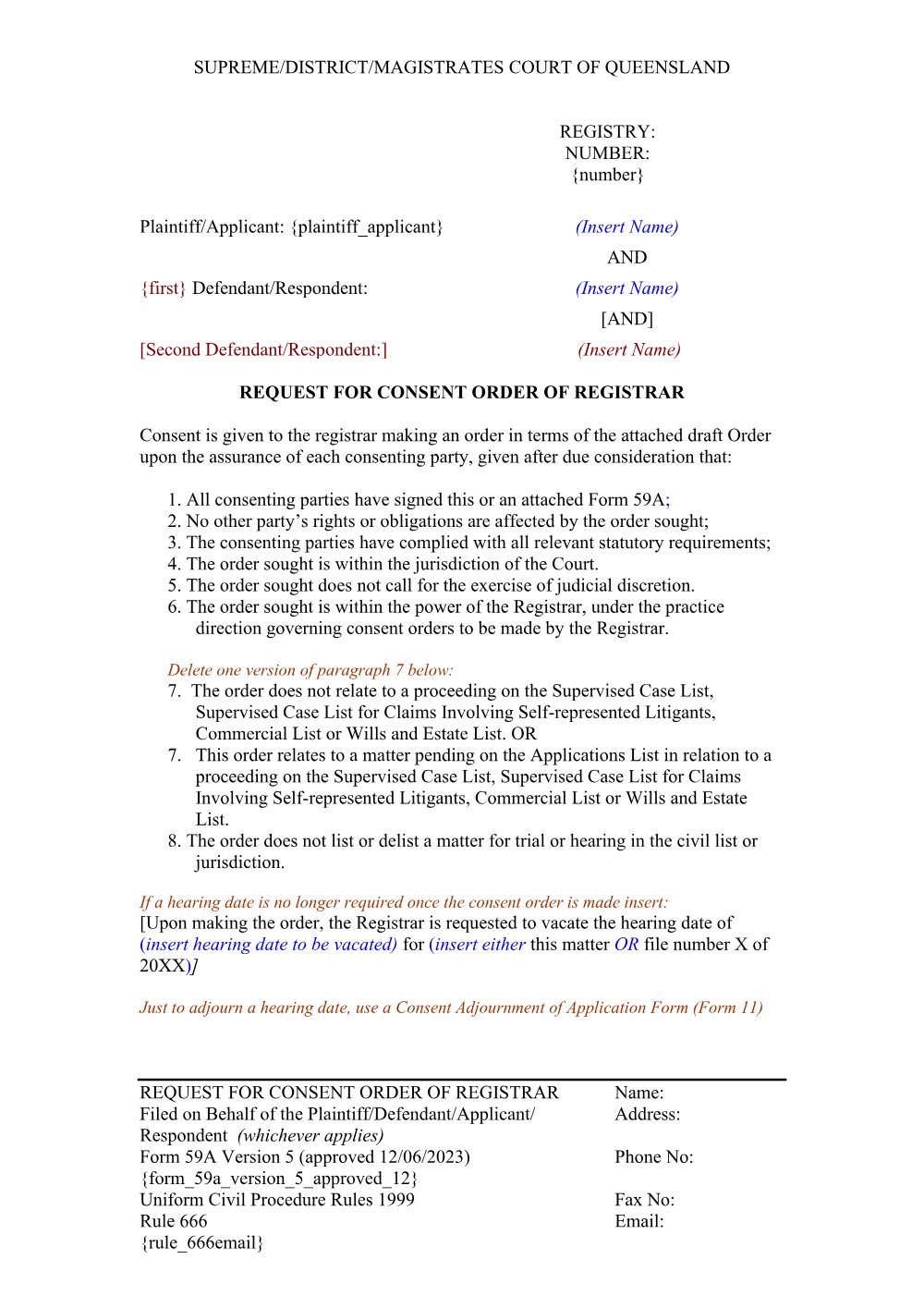 Preview of the first page of Request for consent order of registrar (Form 59a)