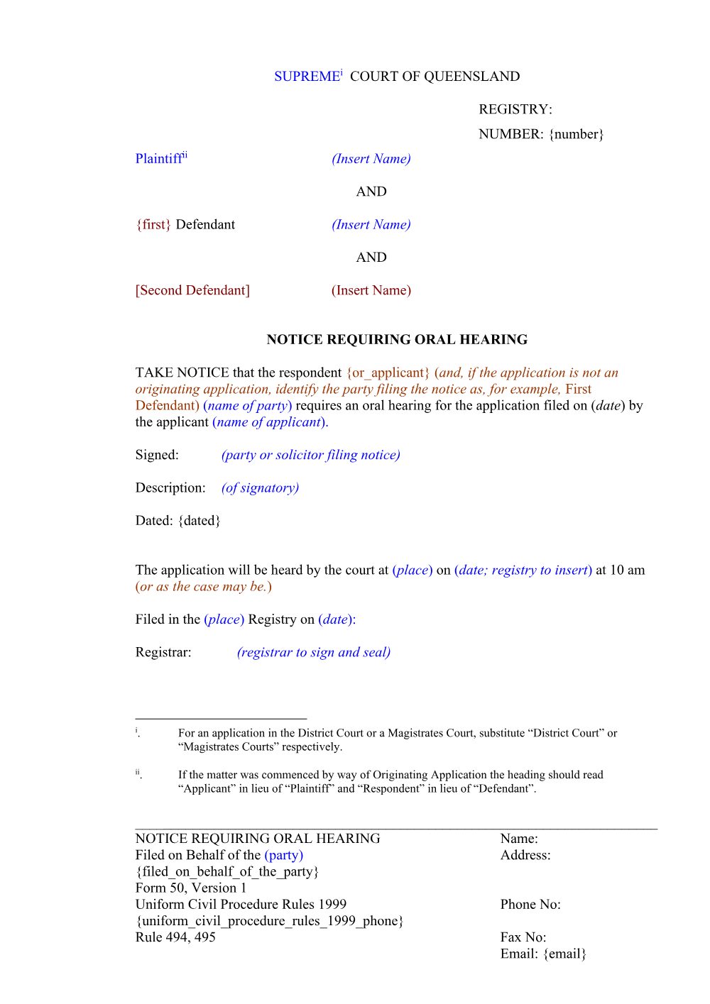 Preview of the first page of Notice requiring oral hearing (Form 50)