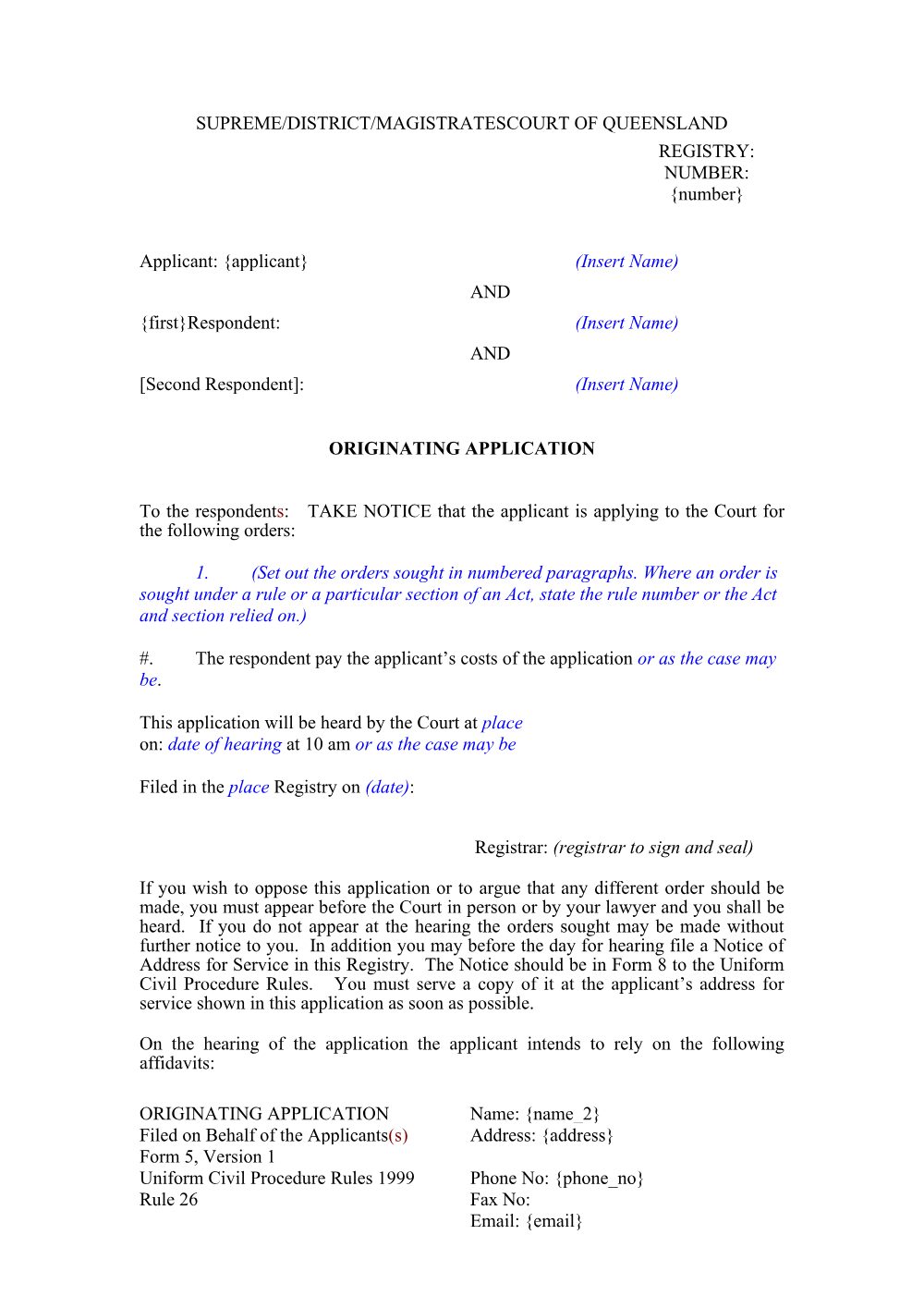 Preview of the first page of Originating application (Form 5)