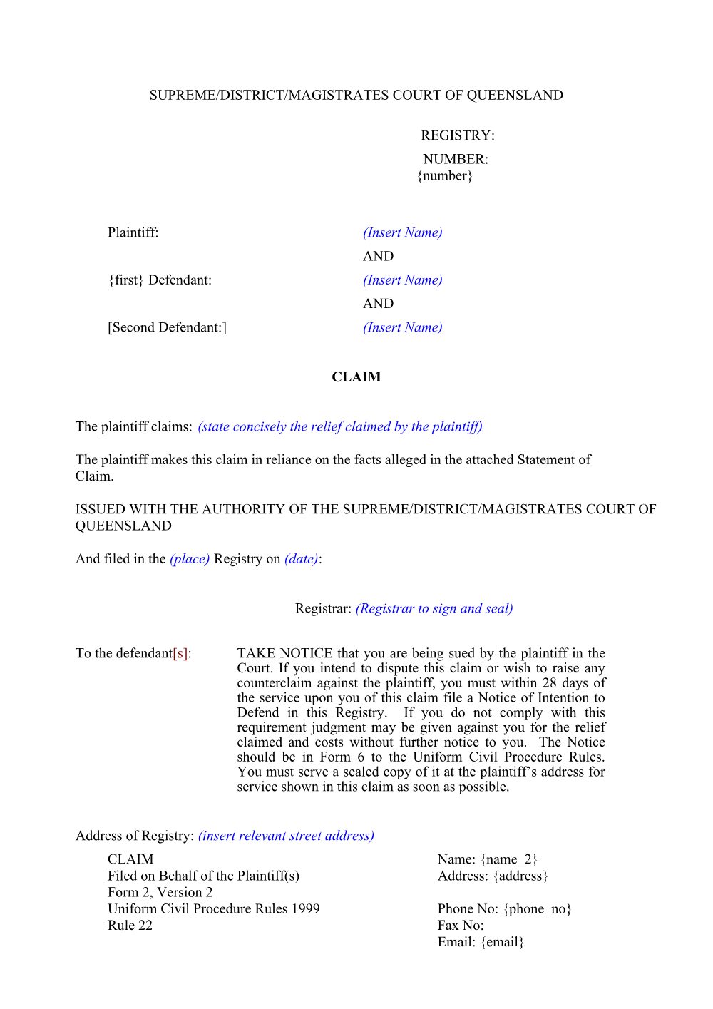 Preview of the first page of Claim (UCPR) (Form 2)
