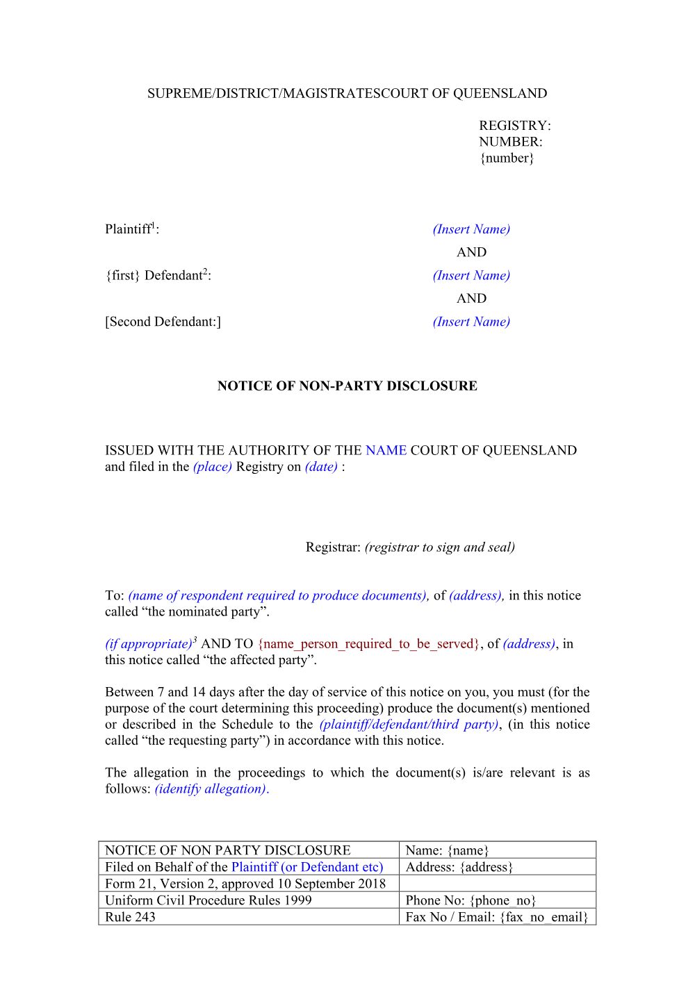 Preview of the first page of Notice of non-party disclosure (UCPR) (Form 21)
