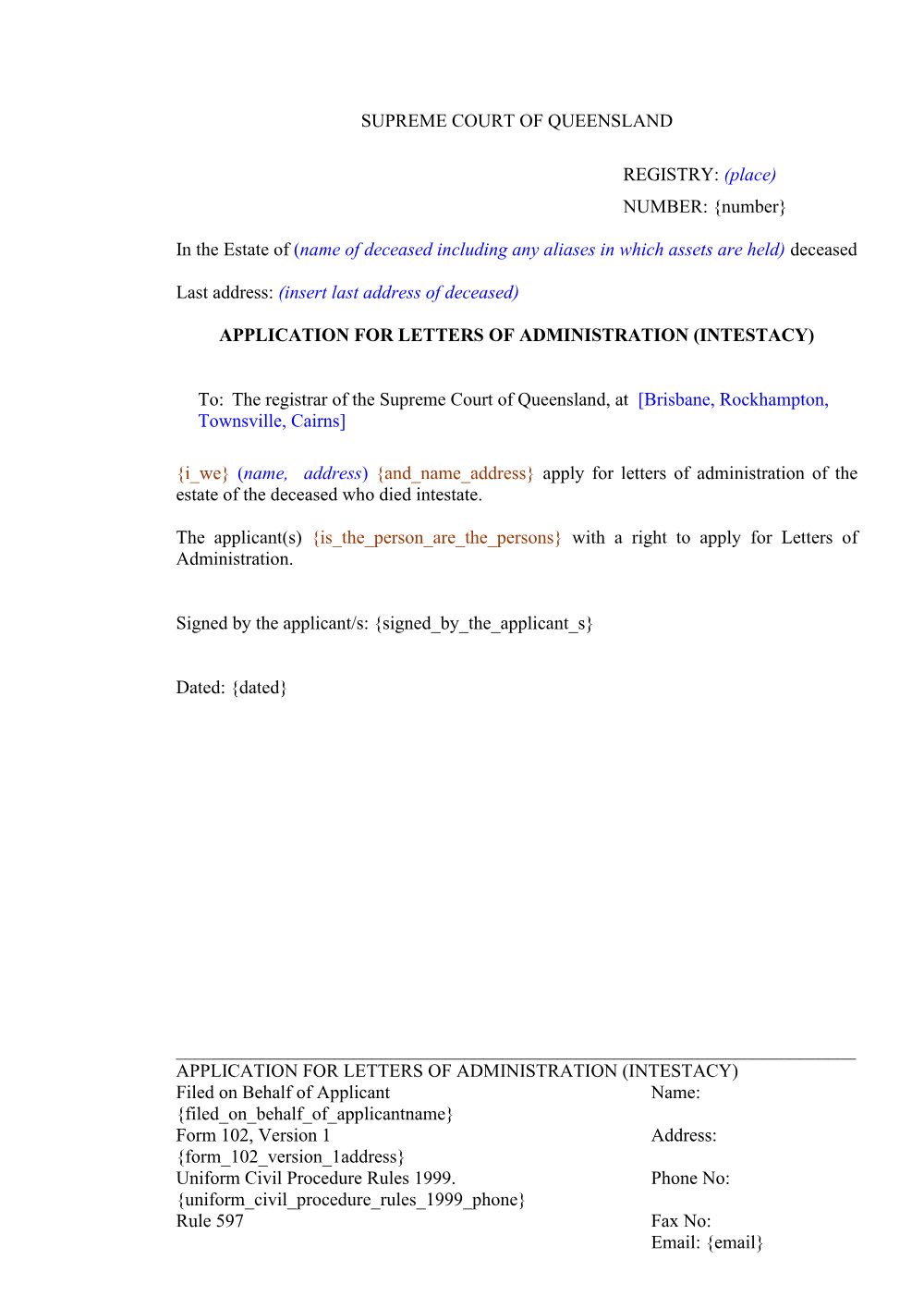 Preview of the first page of Application for letters of administration (intestacy) (Form 102)