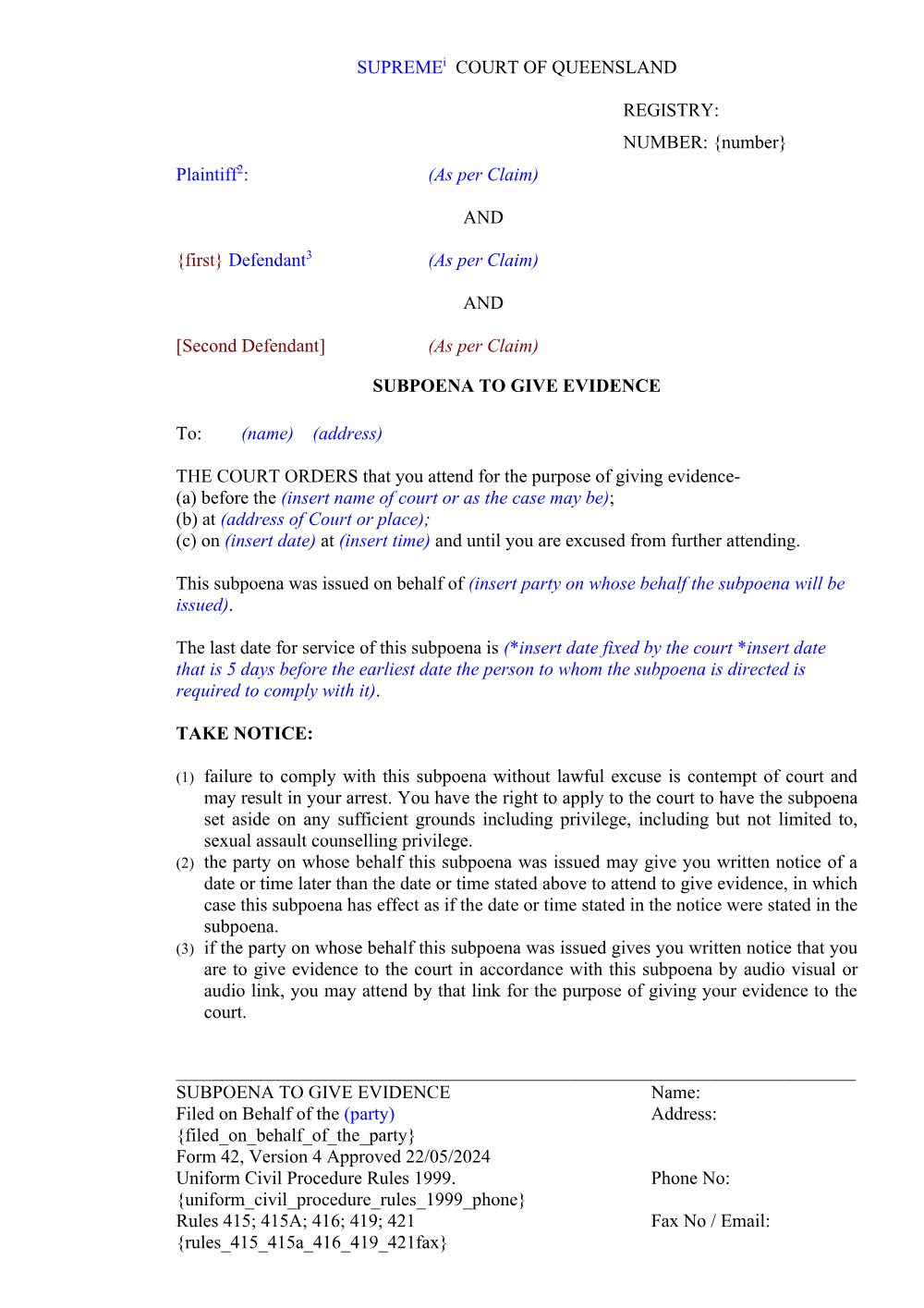 Preview of the first page of Subpoena to give evidence (Form 42)