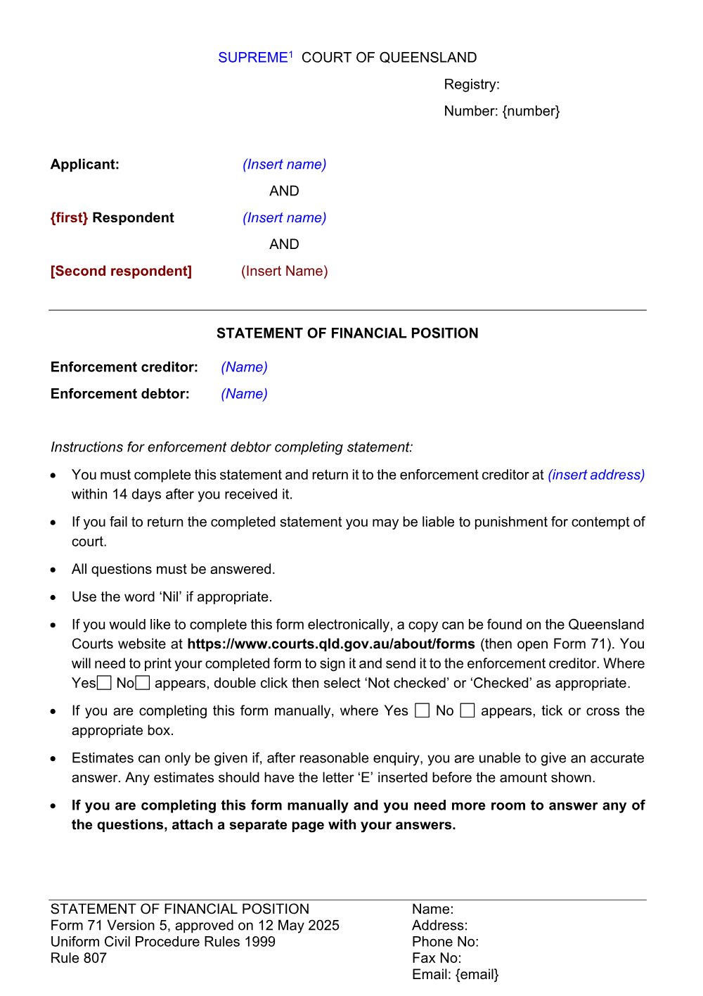 Preview of the first page of Statement of financial position (Form 71)