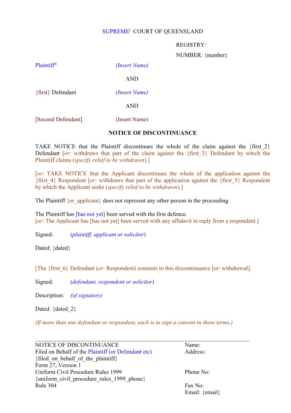Preview of the first page of Notice of discontinuance (UCPR) (Form 27)