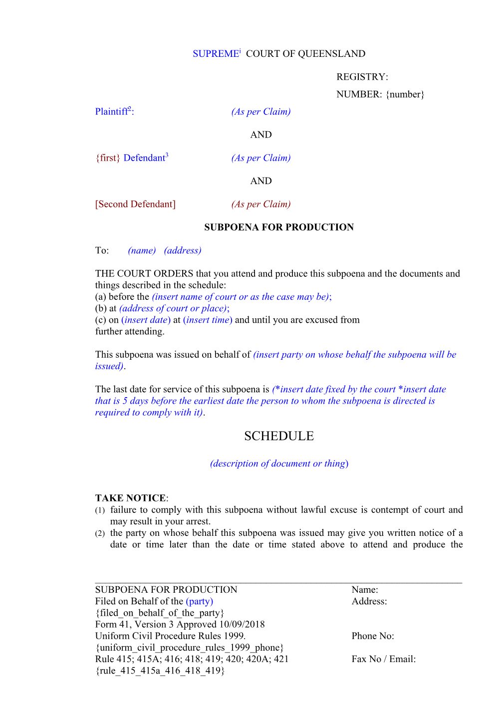 Preview of the first page of Subpoena for production (Form 41)