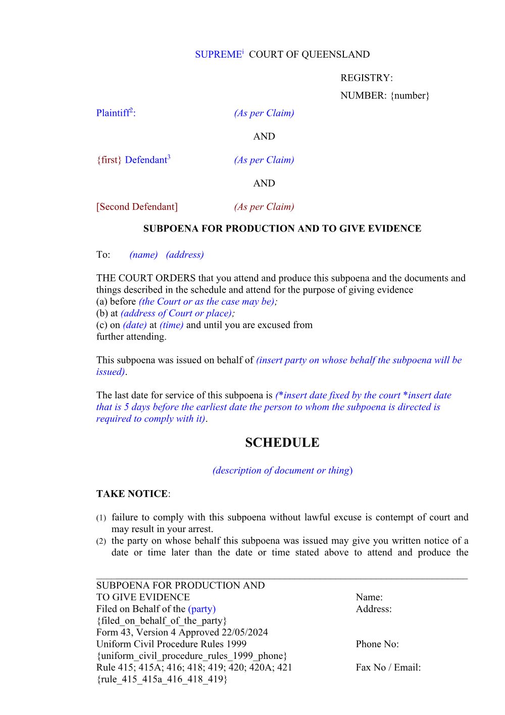 Preview of the first page of Subpoena for production and to give evidence (Form 43)