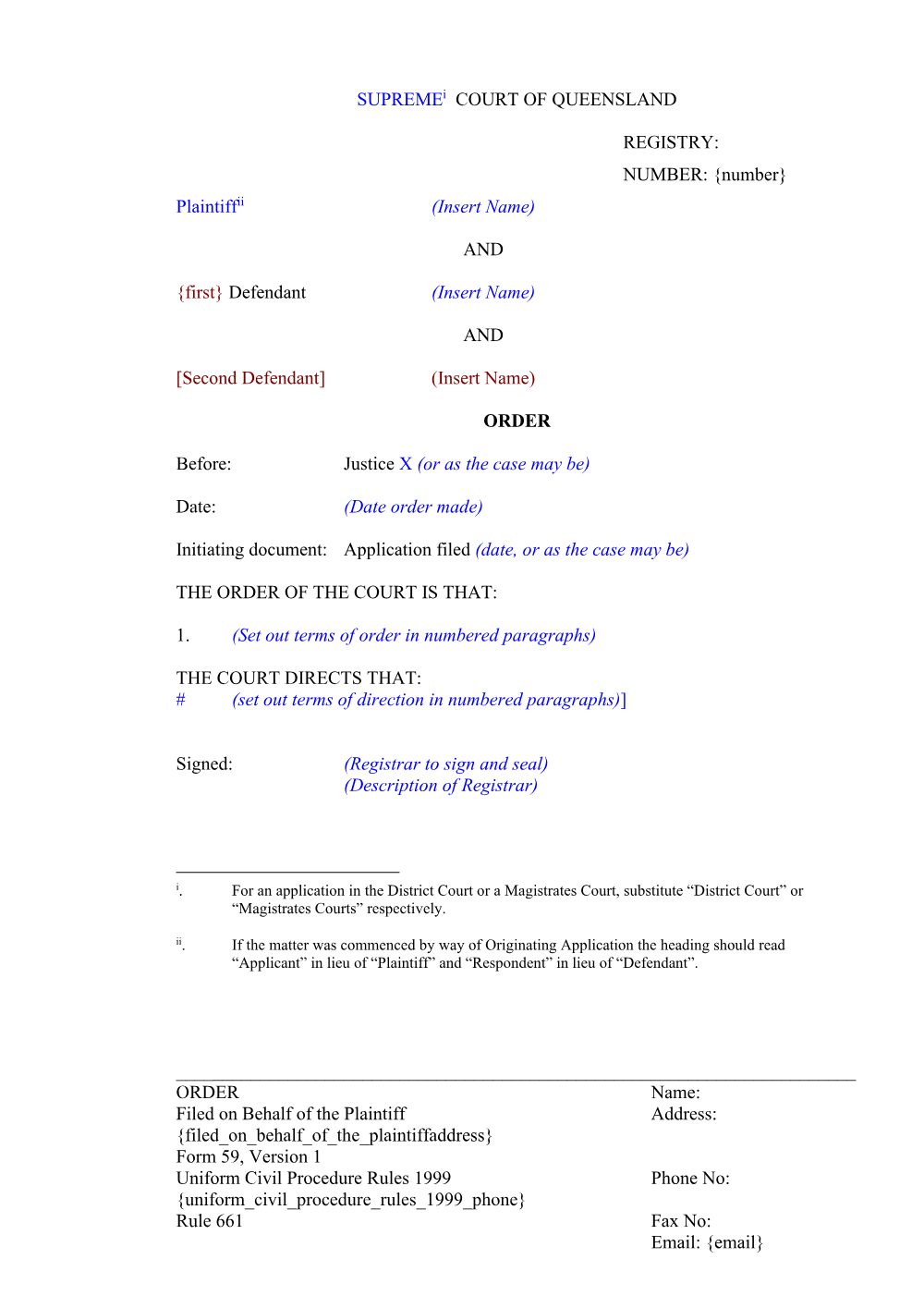 Preview of the first page of Order (Form 59)