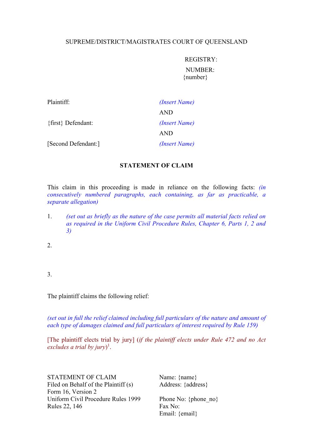 Preview of the first page of Statement of claim (UCPR) (Form 16)
