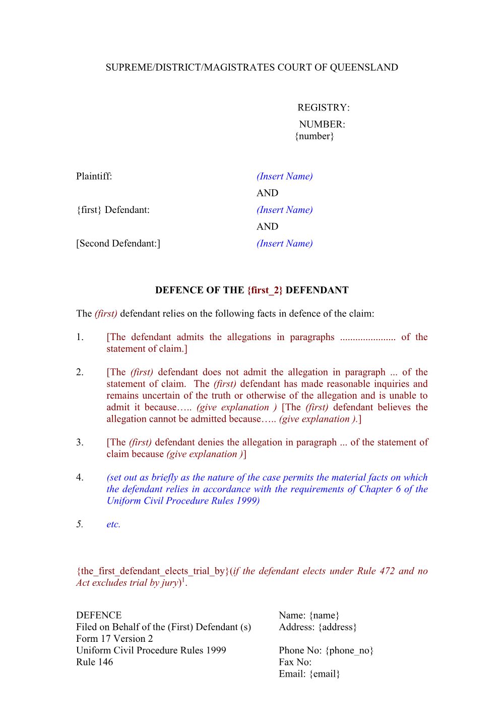 Preview of the first page of Defence (Form 17)