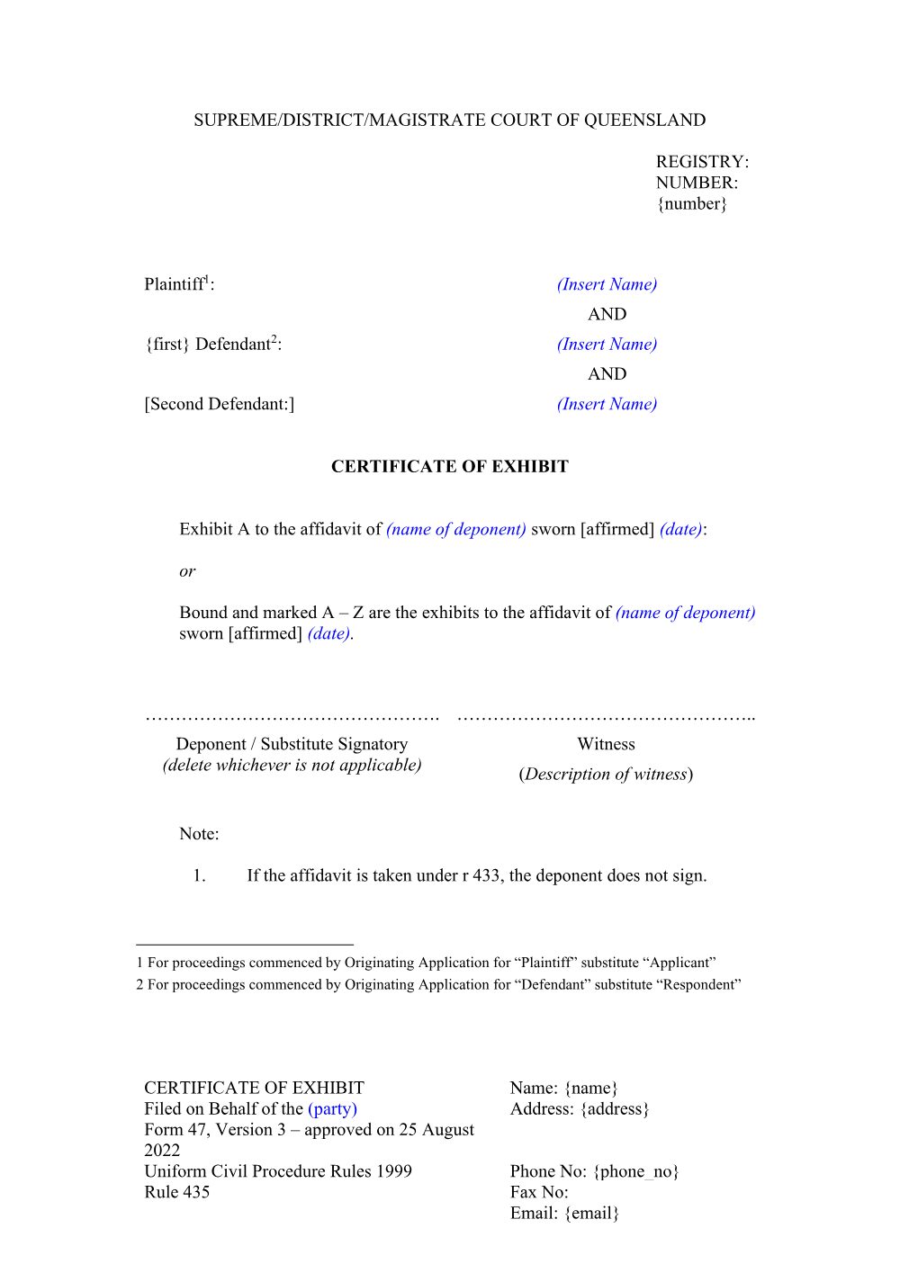 Preview of the first page of Certificate of exhibit (Form 47)