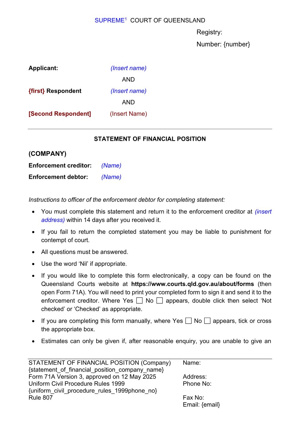 Preview of the first page of Statement of financial position - Company (Form 71a)