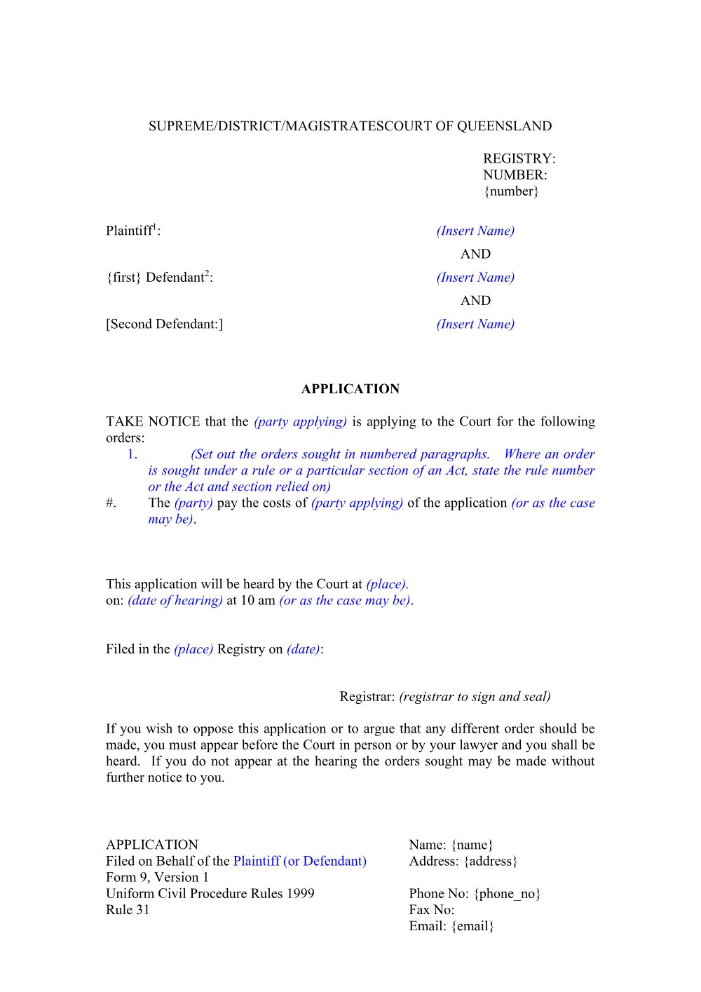 Preview of the first page of Application (UCPR) (Form 9)